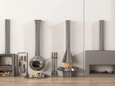 Modern Metal Fireplaces With Various Styles Fire Tools And Wood Logs 3d model