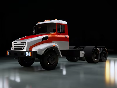 Red And White Semi Truck Cab With Multiple Wheels And Roof Lights On Shiny Floor 3d model