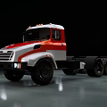 Red And White Semi Truck Cab With Multiple Wheels And Roof Lights On Shiny Floor
