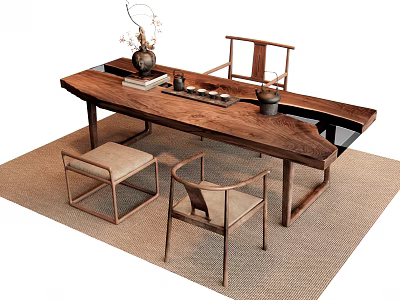 Natural Wooden Tea Table and Chairs with Tea Set Vase and Books on Carpet 3d model
