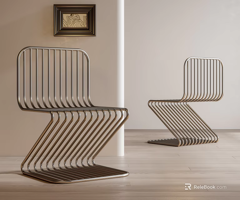 Modern Metal Dining Chairs Featuring Sleek Lines In Interior Wooden Floor Setting 3d model 