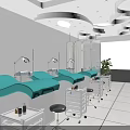 Bright Modern Hair and Beauty Salon With Facial Care Mirrors Blue Chairs And Green Plants