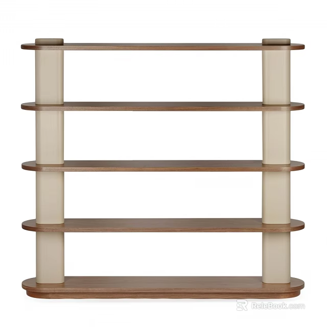 Modern Multi Tiered Storage Shelf With Wooden Shelves And White Support Pillars 3d model 