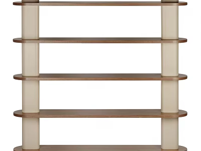 Modern Multi Tiered Storage Shelf With Wooden Shelves And White Support Pillars 3d model