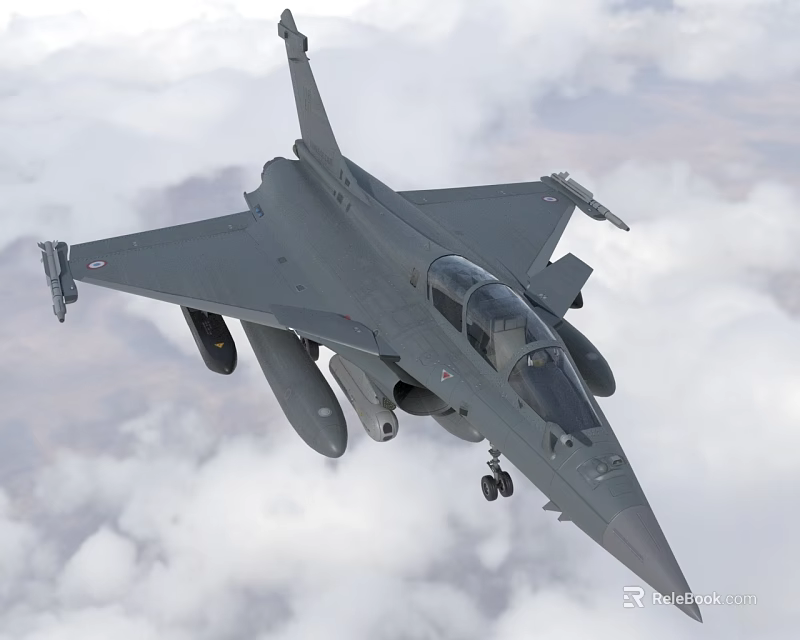 Modern Gray Fighter Jet Flying in Cloudy Sky with Landing Gear and Armaments 3d model 