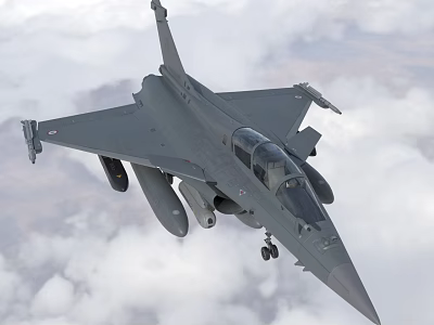 Modern Gray Fighter Jet Flying in Cloudy Sky with Landing Gear and Armaments 3d model
