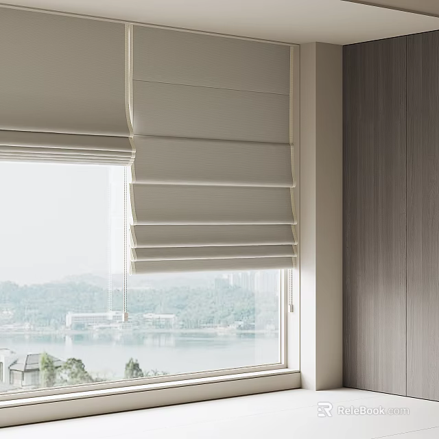 Soft White Roman Blinds For Home Window With Green Mountain View And Wooden Wall 3d model 