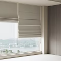 Soft White Roman Blinds For Home Window With Green Mountain View And Wooden Wall