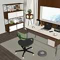 Modern Desk And Green Chair Set With Laptop Open Book Coffee Cup And Window View