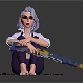 Purple Haired Female Character Sitting Barefoot Holding Large Gun With Scattered Bullets