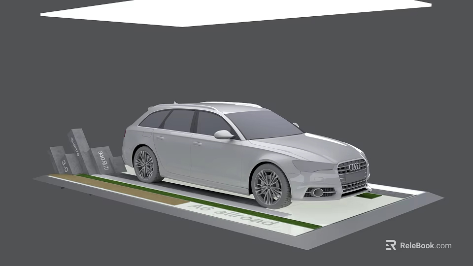 Interactive Area Featuring White Station Wagon On Display Platform With Signs 3d model 