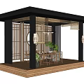 Modern Pergola Design With Black Columns Wooden Platform Dining Furniture And Green Plants