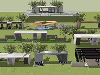 Modern Entrance Gate Designs With Landscaping Trees And Water Feature 3d model