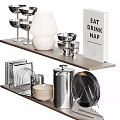 Decorative Ornaments Set With Metal Cups White Ornament Books and Fruits on Wooden Shelves