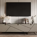 Modern TV Stand With Geometric Lines And Metal Frame Decorative Vases Books And Striped Wall