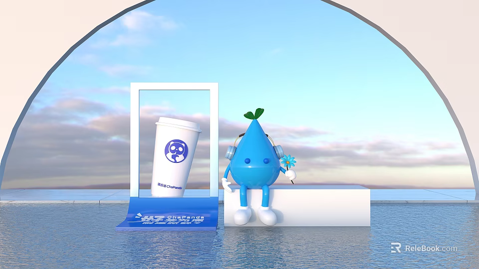 Blue Water Drop Character Photo Spot With White Cup Frame And Sky Water Background 3d model 