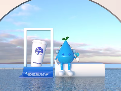 Blue Water Drop Character Photo Spot With White Cup Frame And Sky Water Background 3d model