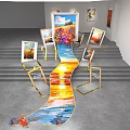 Staircase Art Installation With Colorful Landscape Paintings Frames And Floral Decorations