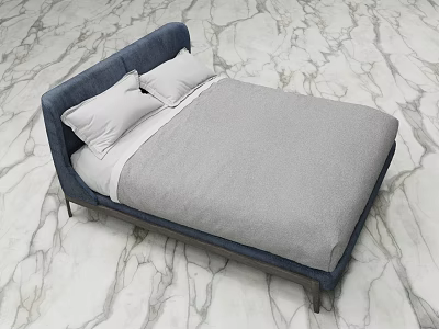 Modern Double Bed Featuring Navy Blue Frame Light Gray Bedding White Pillows And Marble Floor 3d model