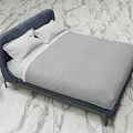 Modern Double Bed Featuring Navy Blue Frame Light Gray Bedding White Pillows And Marble Floor