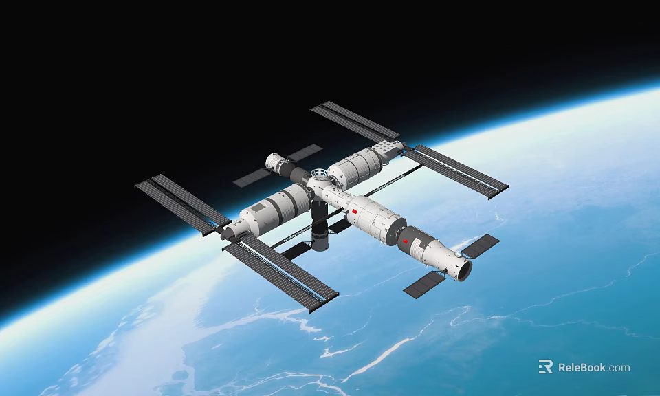 Cartoon Scene Of Space Station Floating In Earth Orbit With Blue Planet Background 3d model 