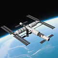 Cartoon Scene Of Space Station Floating In Earth Orbit With Blue Planet Background