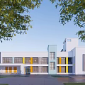 Modern School Building With White Facade Yellow Blue Accents Large Windows Green Lawn And Trees