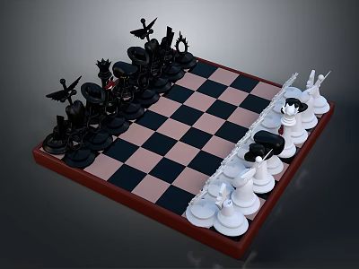 Black And Red Checkered Chessboard With Black And White Decorative Pieces 3d model