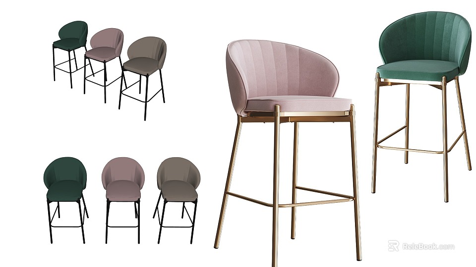 Stylish Modern Bar Stools With Green Pink Grey Upholstery And Golden Metal Legs 3d model 