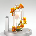 Elegant Floral Display with Purple Flowers in Glass Container on Modern Pedestal