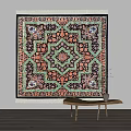 Square Decorative Rug with Intricate Geometric Pattern Blue Orange Green Tones and Fringed Edges