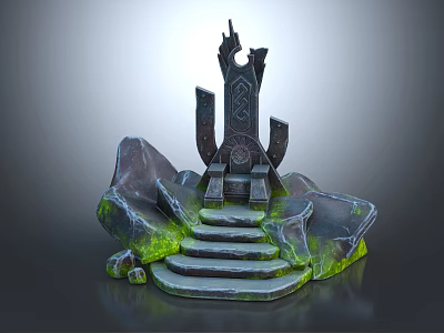 Ancient Carved Throne With Rocky Base Stone Steps And Green Moss 3d model
