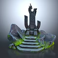 Ancient Carved Throne With Rocky Base Stone Steps And Green Moss