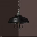 Industrial Black Pendant Light With Metal Cage Lit Bulb Hanging On Gray Wall