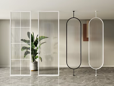 Modern Glass Room Dividers With Rectangular And Circular Panels And Indoor Plant In Living Space 3d model