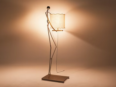 Modern Artistic Floor Lamp With Humanoid Structure Light Fabric Shade And Wooden Base 3d model