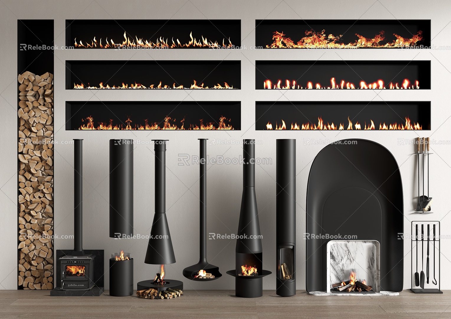 modern fireplace stove flame wood 3d model