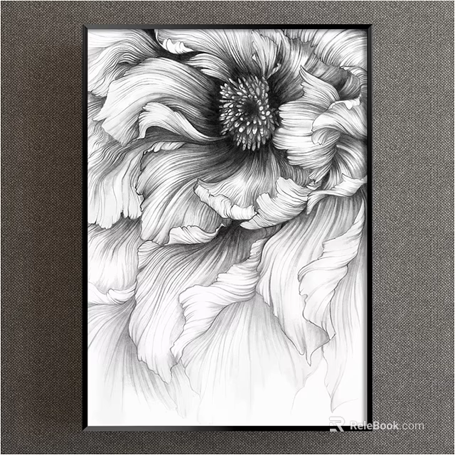 Black And White Botanical Drawing Of Detailed Flower With Intricate Petals Art 3d model 