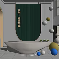 Modern Luxury Front Desk Reception With Green Backdrop Wall Gold Decorations And Sphere Ornaments