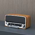 Retro Wooden Speaker With Knobs And Display On Dark Tabletop Wood Background