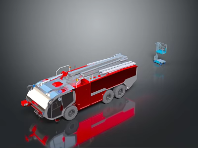Modern Red Silver Fire Truck with Extended Ladder and Blue Equipment Units 3d model