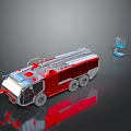 Modern Red Silver Fire Truck with Extended Ladder and Blue Equipment Units
