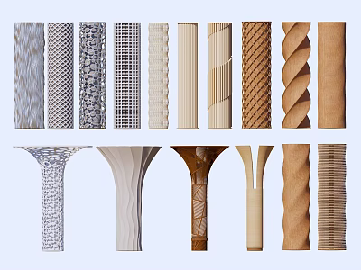 Display Of Various Decorative Columns With Different Textures Spiral And Wooden Patterns 3d model