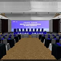 Spacious Conference Hall With Rows Of Seats Stage Blue Screens And Banners
