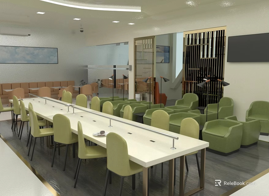 Modern Public Interior Space With Long Table Green Chairs Sofas TV And Decorative Partition 3d model 