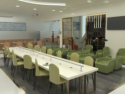 Modern Public Interior Space With Long Table Green Chairs Sofas TV And Decorative Partition 3d model