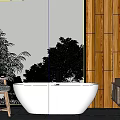 Modern Hotel Bathroom With White Bathtub Double Sinks Wooden Walls Large Window And Greenery View