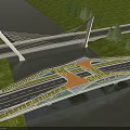 Modern Cable Stayed Bridge Over River With Traffic Lanes Green Trees And Grass 3d model