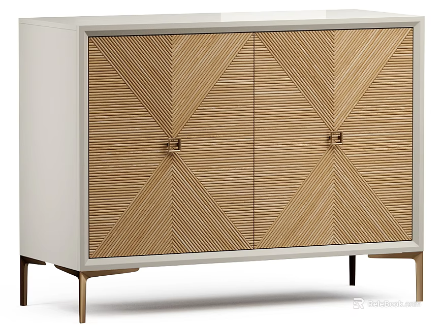 Modern Entryway Cabinet Sideboard With Chevron Wooden Doors And Golden Metal Handles 3d model 