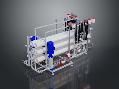 Industrial Water Treatment System With Cylindrical Filters Pipes Valves And Metal Frame 3d model
